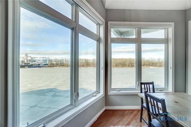 sunroom with a water view and a healthy amount of sunlight