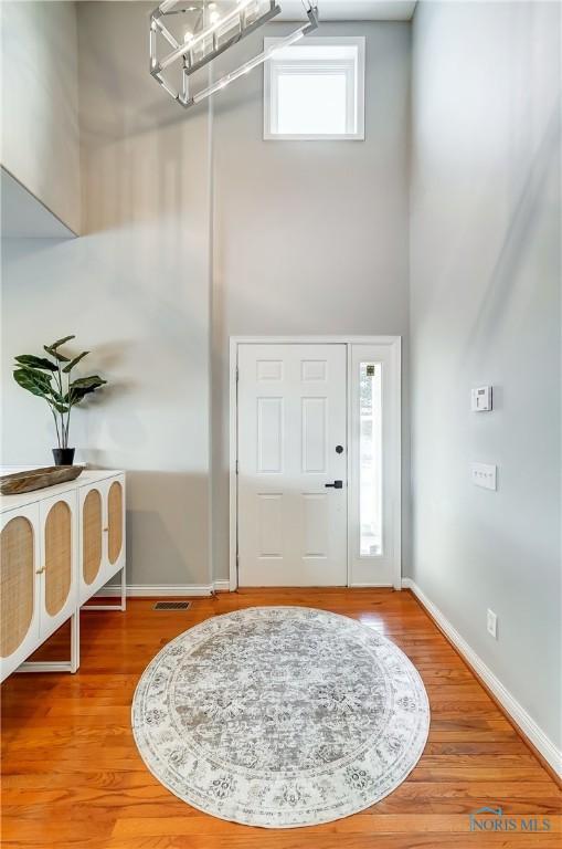 foyer entrance featuring hardwood / wood-style floors and a high ceiling