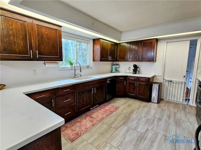 kitchen featuring dishwasher, sink, and dark brown cabinetry