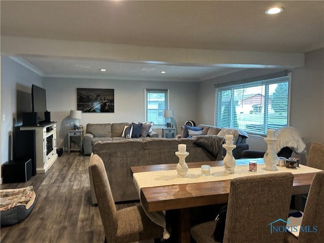 dining room with dark wood-type flooring, ornamental molding, and a wealth of natural light