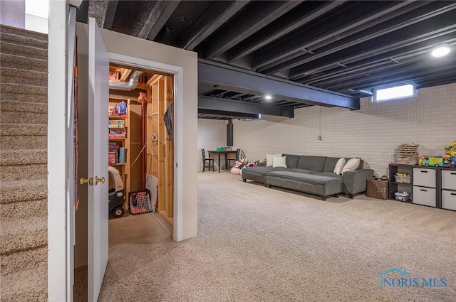 basement featuring brick wall