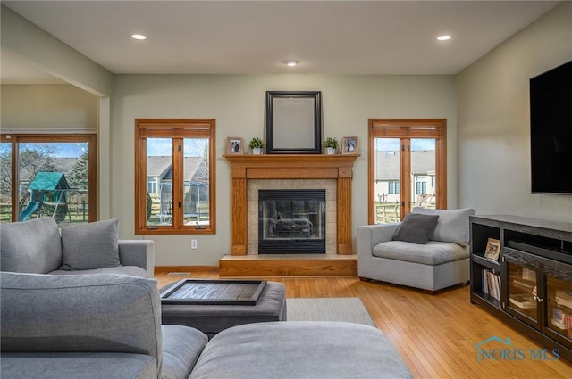 living room featuring light wood-type flooring and a fireplace