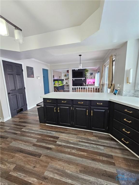 kitchen with a tray ceiling, decorative light fixtures, dark hardwood / wood-style flooring, and kitchen peninsula