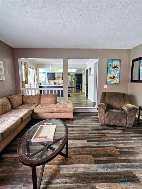 living room with dark hardwood / wood-style floors and a textured ceiling