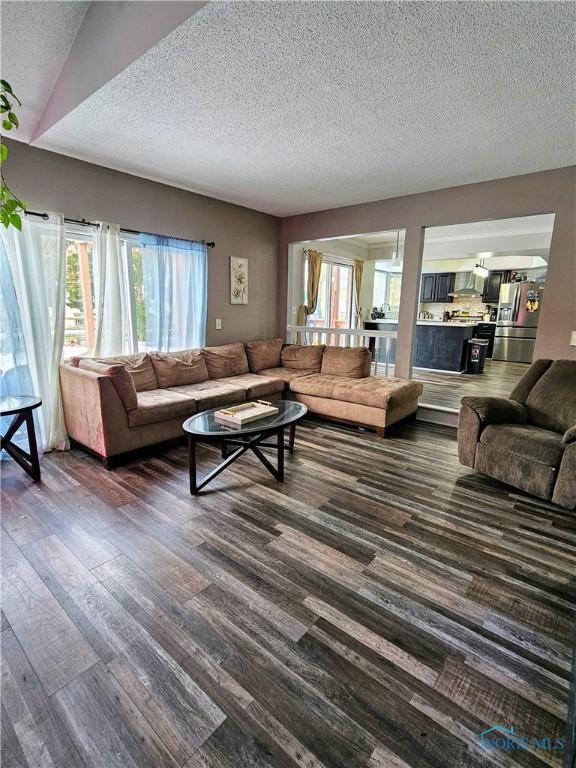 living room with a textured ceiling and dark hardwood / wood-style flooring