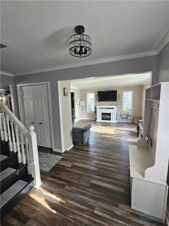 living room featuring dark wood-type flooring, crown molding, and a textured ceiling