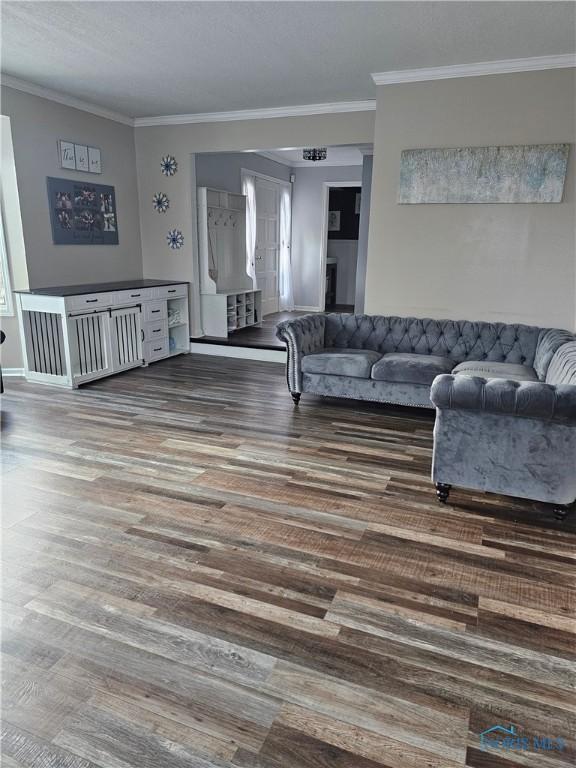 living room featuring crown molding and wood-type flooring