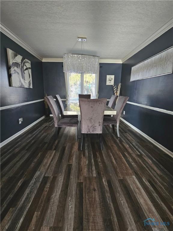 dining space featuring crown molding, a textured ceiling, and dark hardwood / wood-style flooring