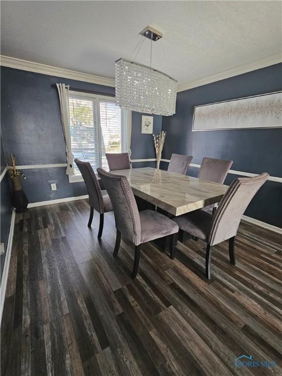 dining space featuring crown molding and dark hardwood / wood-style flooring