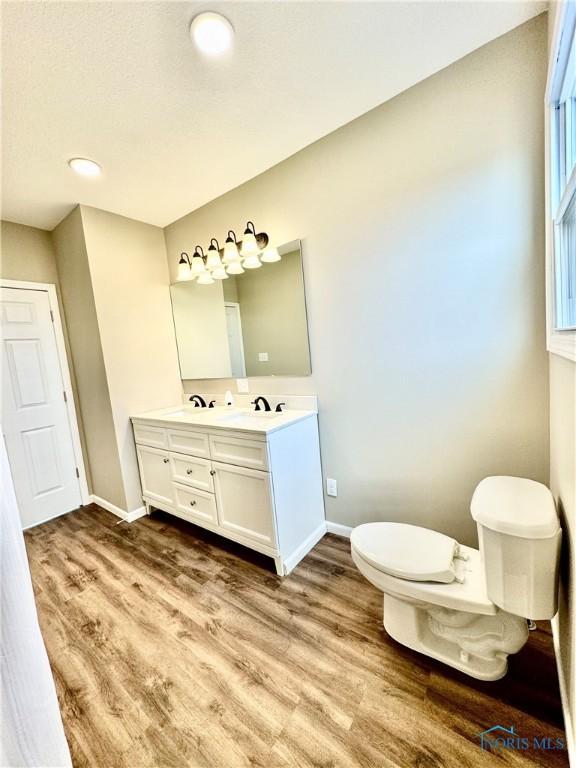 bathroom featuring vanity, toilet, and hardwood / wood-style floors