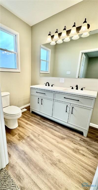 bathroom with hardwood / wood-style flooring, vanity, and toilet