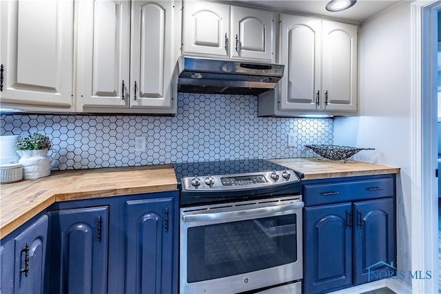 kitchen featuring white cabinetry, blue cabinets, butcher block countertops, and stainless steel electric range