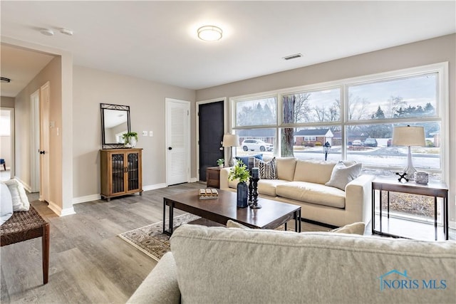 living room with light hardwood / wood-style flooring