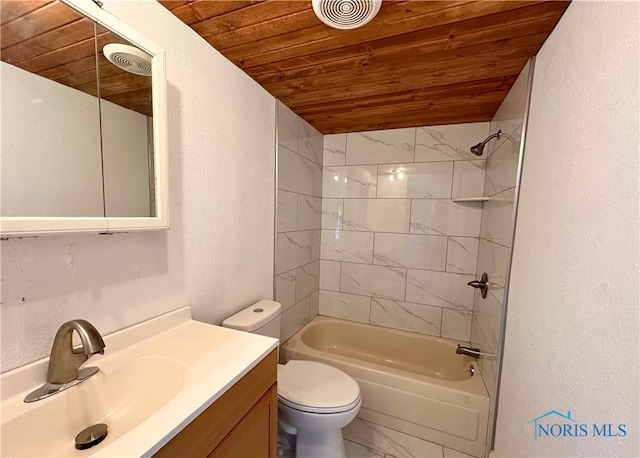 full bathroom featuring vanity, toilet, tiled shower / bath combo, and wooden ceiling