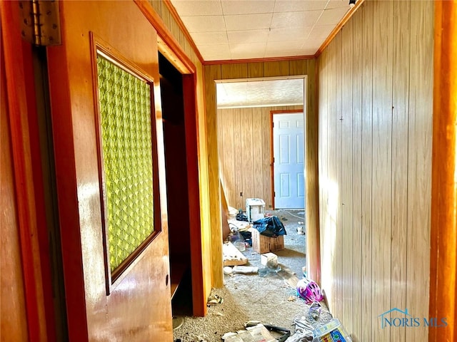 hallway featuring wood walls