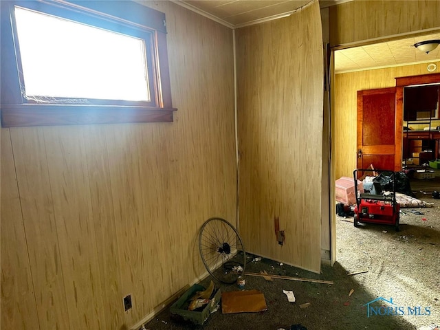 empty room with crown molding and wood walls