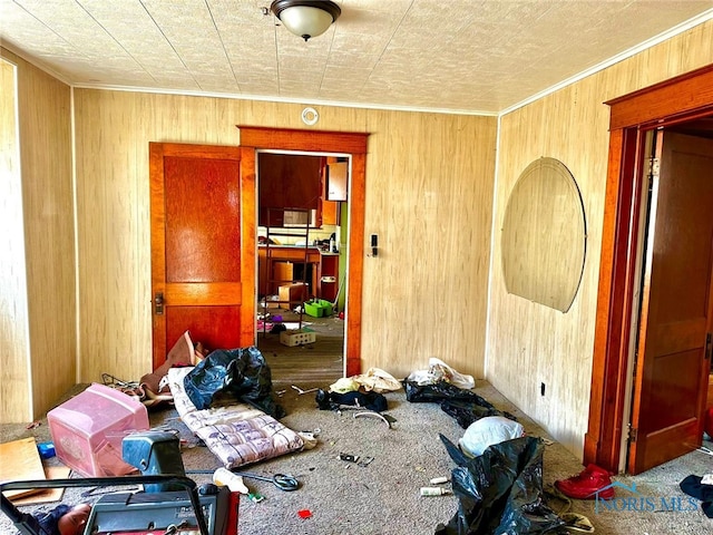 misc room with crown molding and wooden walls