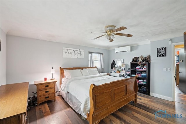 bedroom featuring ceiling fan, dark hardwood / wood-style floors, a wall unit AC, and a baseboard radiator