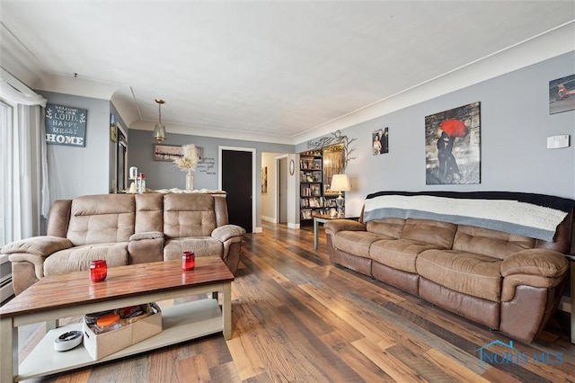 living room with dark hardwood / wood-style flooring