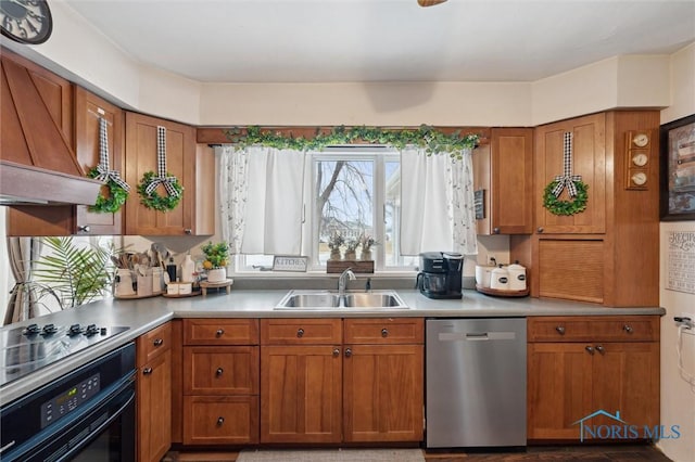 kitchen with sink, custom range hood, and black appliances