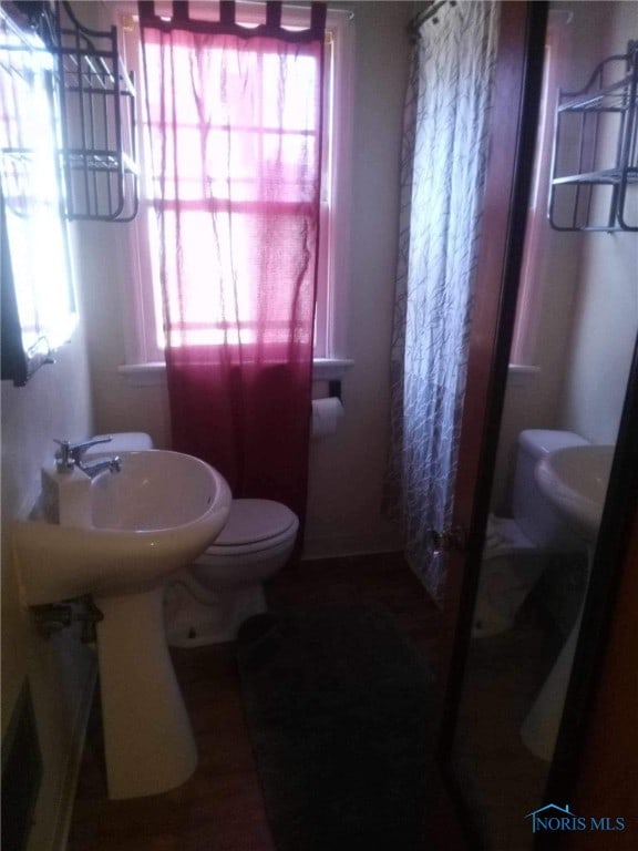 bathroom with walk in shower, plenty of natural light, and toilet