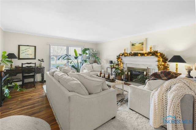 living room with a fireplace, ornamental molding, and dark hardwood / wood-style floors