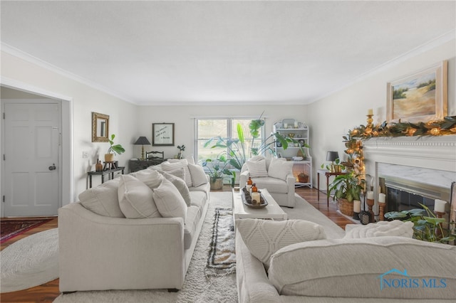 living room featuring wood-type flooring and ornamental molding