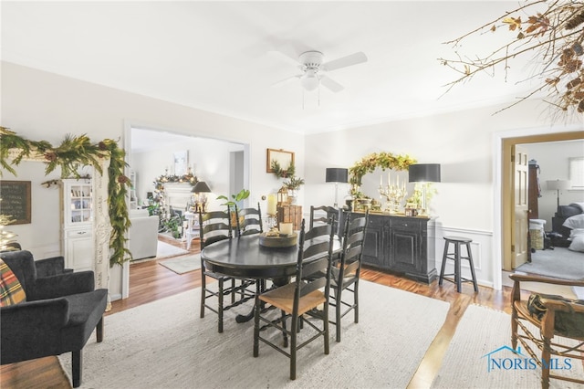 dining room featuring crown molding, ceiling fan, and light wood-type flooring