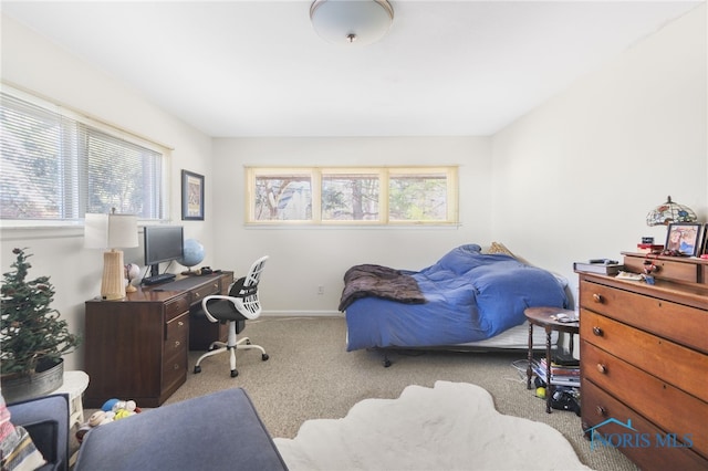 bedroom with light colored carpet