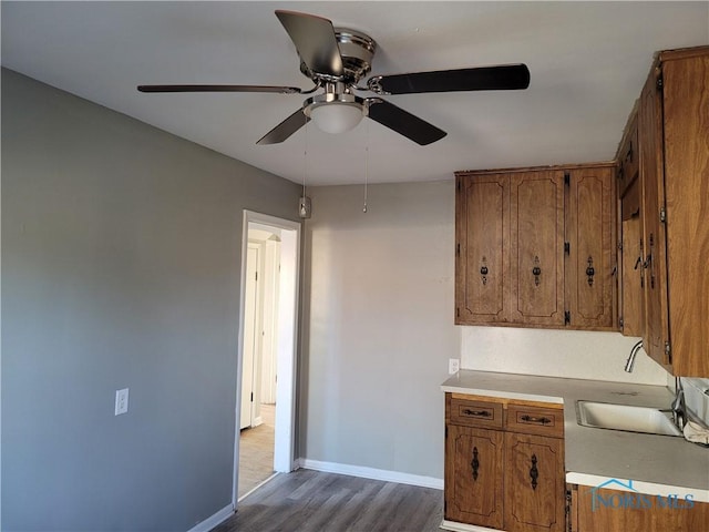 kitchen featuring dark hardwood / wood-style flooring, sink, and ceiling fan