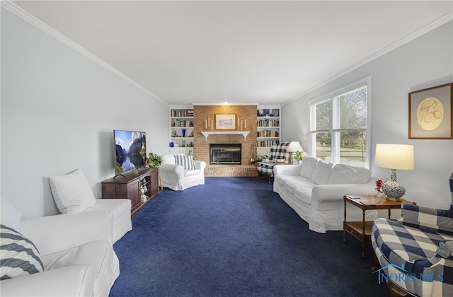 living room featuring built in features, a fireplace, ornamental molding, and carpet flooring