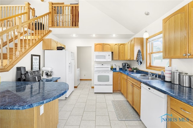 kitchen featuring sink, white appliances, high vaulted ceiling, and light tile patterned flooring