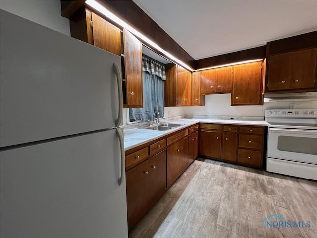 kitchen featuring sink, white appliances, and light wood-type flooring