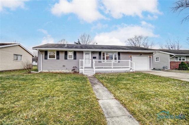 ranch-style home featuring a garage, a front yard, and a porch