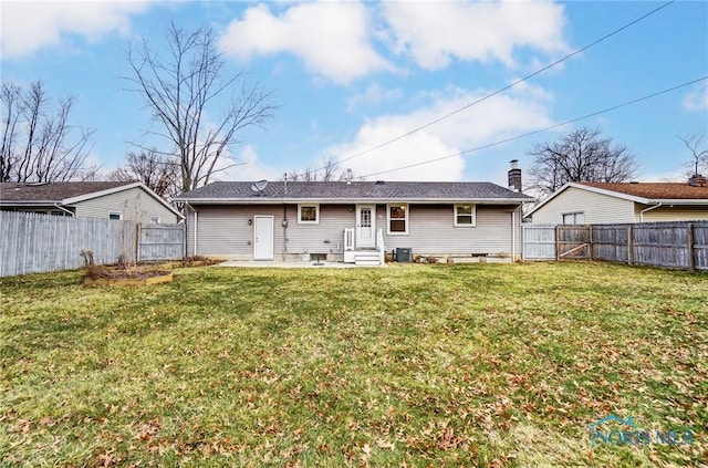 back of house with cooling unit, a lawn, and a patio