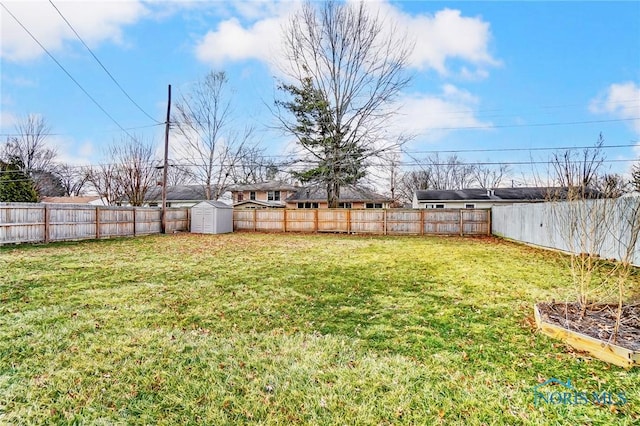 view of yard with a storage shed