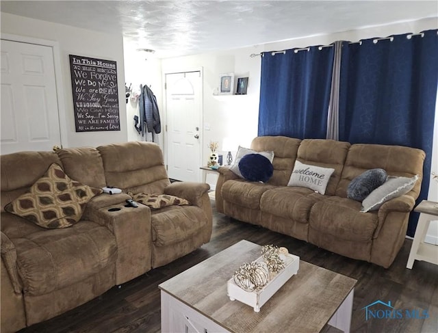 living room with dark hardwood / wood-style floors