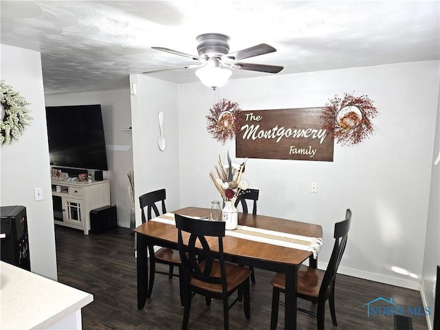 dining room with dark wood-type flooring and ceiling fan