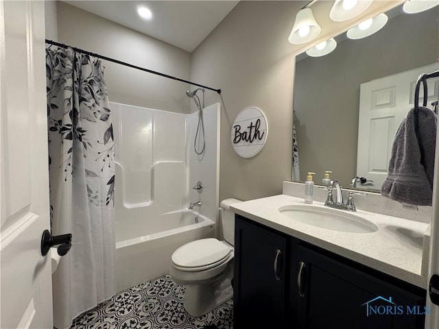 full bathroom with toilet, vanity, shower / tub combo, and tile patterned floors