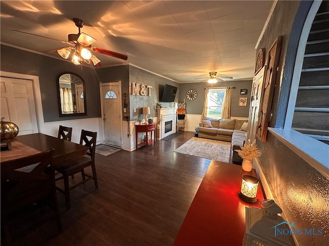 living room with ornamental molding, ceiling fan, and dark hardwood / wood-style flooring