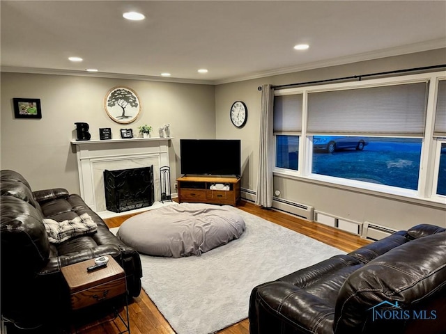 living room with wood-type flooring, ornamental molding, and a baseboard radiator