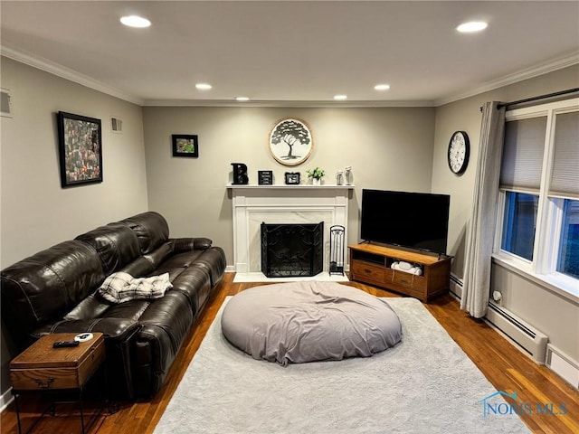 living room with crown molding, dark hardwood / wood-style floors, and a high end fireplace