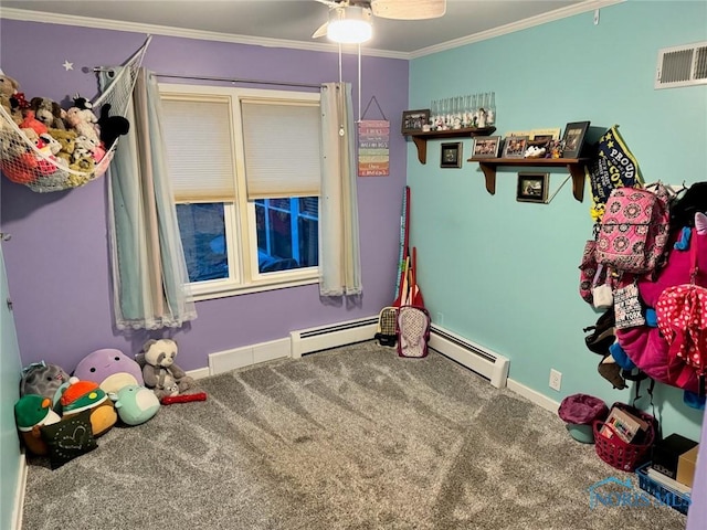 carpeted bedroom with crown molding