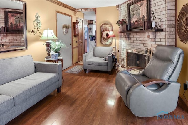 living area with dark wood-type flooring and a fireplace