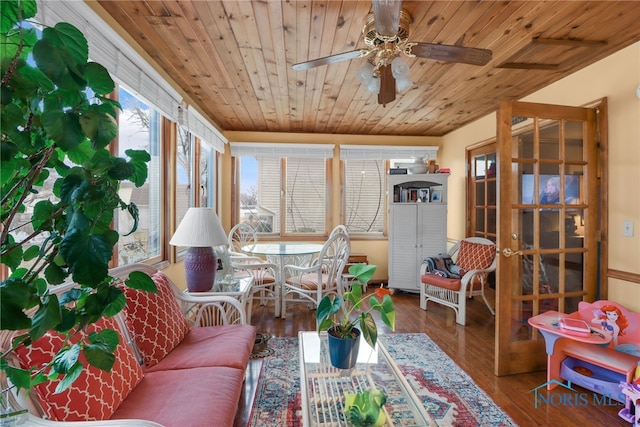 sunroom / solarium featuring wood ceiling and ceiling fan