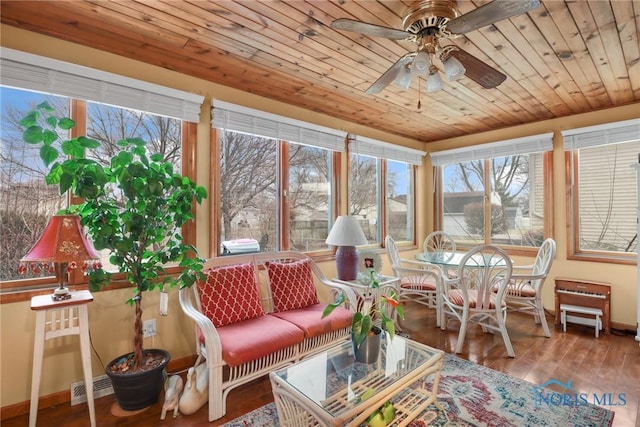 sunroom with wooden ceiling and ceiling fan