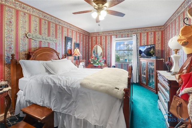 carpeted bedroom with ceiling fan