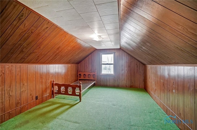 bonus room with wood ceiling, lofted ceiling, carpet flooring, and wood walls