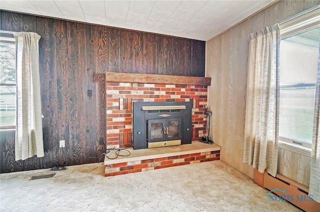 living room with wooden walls