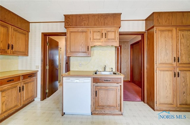 kitchen featuring dishwasher, sink, and ornamental molding